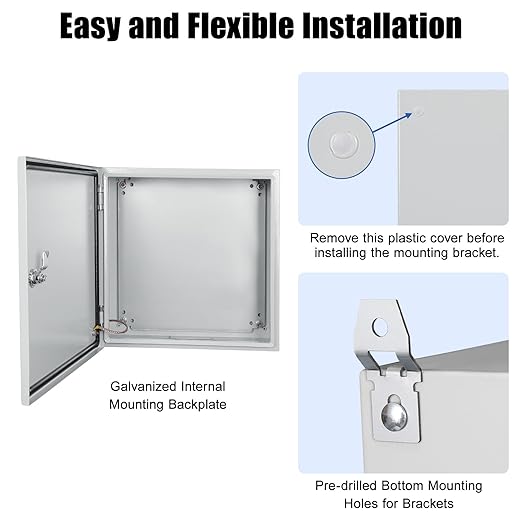 LeMotech Electrical Box 16 x 16 x 8 inch Steel Enclosure, IP66 Waterproof Dustproof Junction Box Wall-Mounted for Outdoor/Indoor Lockable with Equipment Mounting Plate