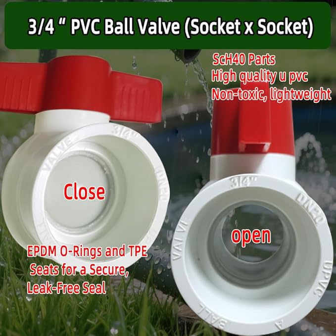 6Pack 3/4" PVC Ball Valve (Socket x Socket),Schedule 40, Cold Water Pipe 3/4 inch Shut-off Valve Socket for Water Supply Lines, Garden Irrigation & Pipe Fitting Systems,Red T-Handle.