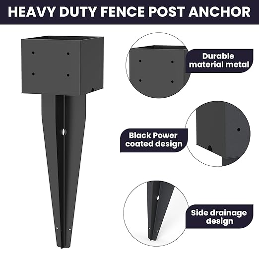 1 Pcs 6"x6" Fence Post Anchor Ground Spike 17"(Actual 5.6"x5.6") Heavy Duty Metal Fence Post Anchor with Black Powder-Coated for Deck,Fence,Porch,Railing,Mailbox