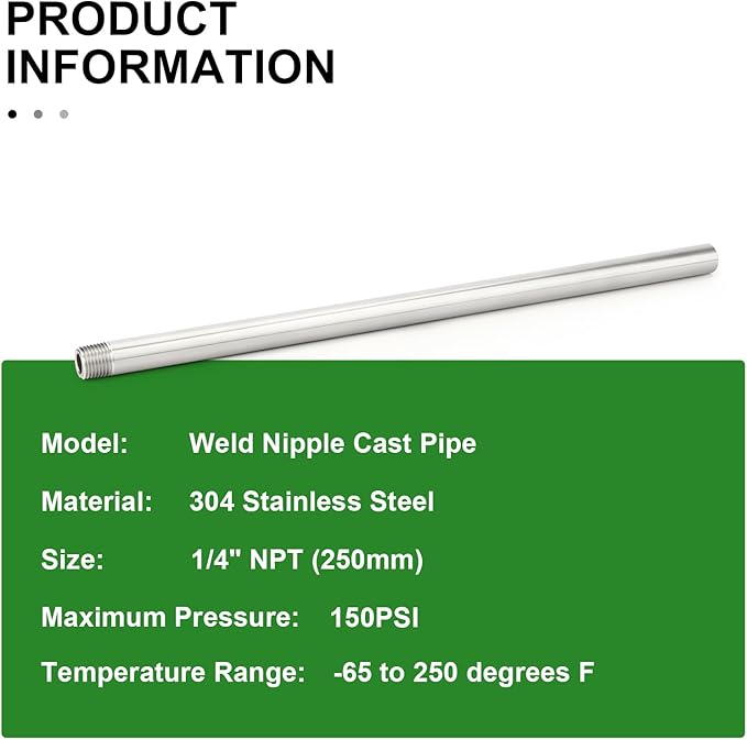 TAISHER 2PCS 304 Stainless Steel Pipe Fittings, 1/4" NPT Male Threaded, 10" Length Weld Nipple Cast Pipe