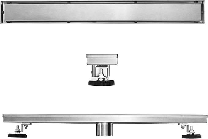 HEATGENE Linear Shower Drain 24-Inch, Stainless Steel Rectangle Shower Floor Drain with 2-in-1 Flat & Tile Insert Cover, Shower Drain with Leveling Feet & Hair Strainer, Brushed