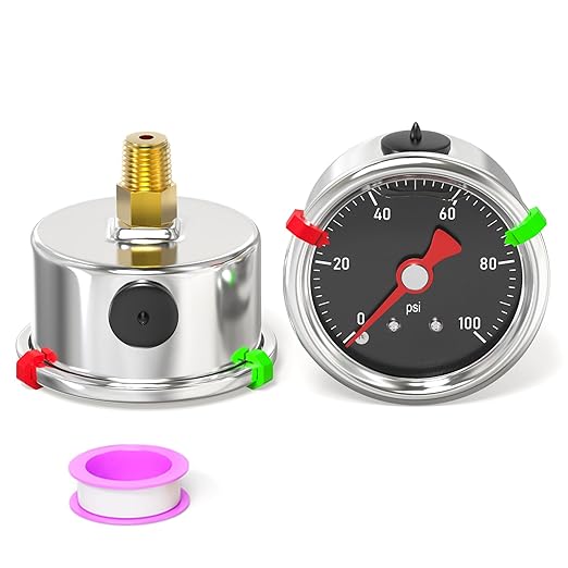 0-100PSI Stainless Steel Glycerin Filled Pressure Gauge 1.5" Black Dial Size, 1/8" NPT Back Mount, for Tube, Water Pump, Gas, Liquid, Pressure Test (with Range Mark Pointer)