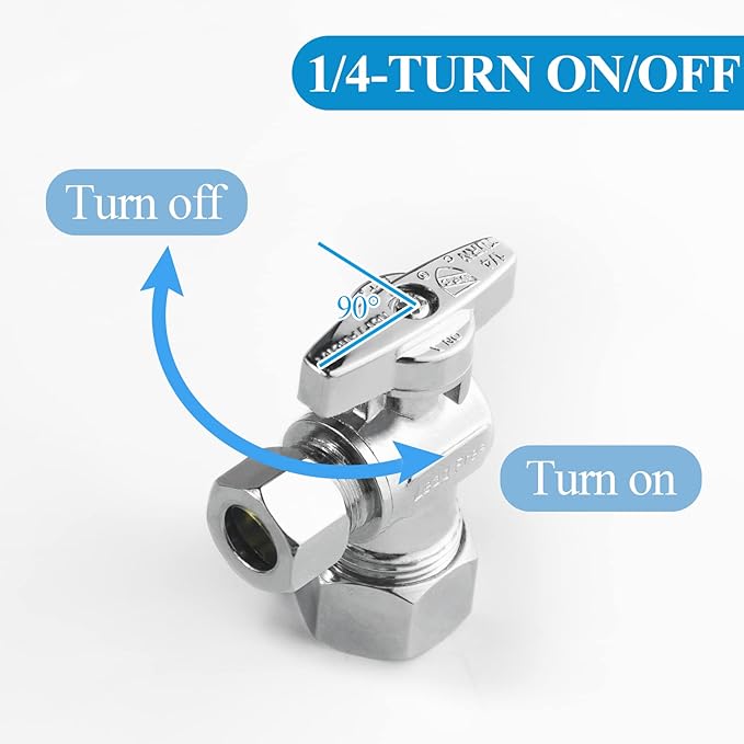 WiseWater Angle Stop Valve 1/2" Nominal (5/8" OD) x 3/8" Compression, 1/4 Turn Toilet Shut Off Reinforced Chrome Plated Brass Fittings for Bathroom, Toilet, Kitchen (5-Pack)