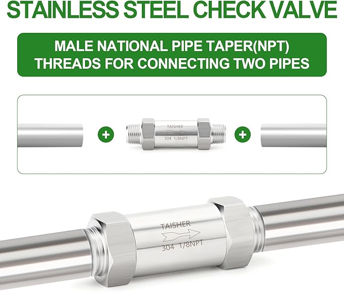 TAISHER 1PCS 304 Stainless Steel 1/8" NPT Male Check Valve,Backflow Prevention,One Way Non-Return Check Valves