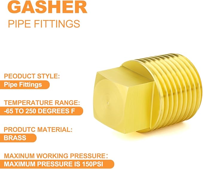 GASHER 10PCS Brass Square Plug 1/8" NPT Male Brass Drain Plug Pipe Fitting