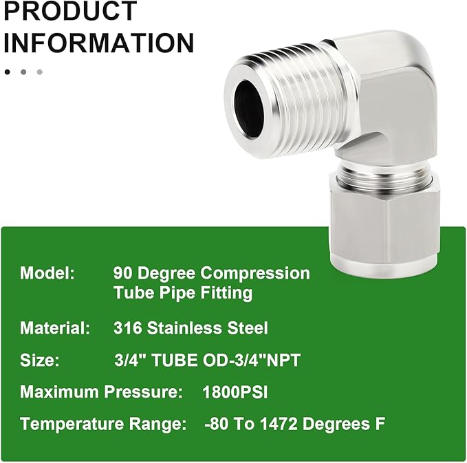 TAISHER 1PCS 316 Stainless Steel 90 Degree Compression Tube Pipe Fitting Connector, 3/4" Tube OD x 3/4" NPT Male Adapter