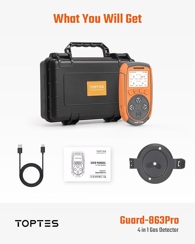 TopTes Guard-863Pro 4 Gas Monitor Multi Gas Detector for H₂S, CO, LEL, and O₂, with TFT Color Screen, Upgraded O₂ Sensor (5-Year Lifespan), USB Data Export, 18h Battery Life, Reliable for Work & Home