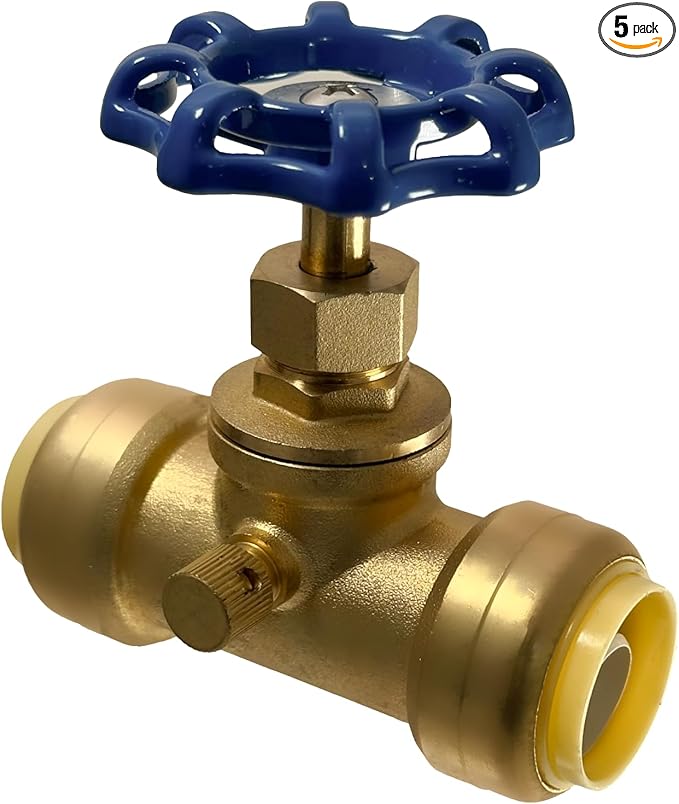XFITTING 3/4 inch Push Fit Stop Valve with Drain and Vent, Push to Connect Brass Plumbing Fitting, Pex Pipe, Copper, CPVC, PE-RT, HDPE, 2-5-2=5, 5 Pieces