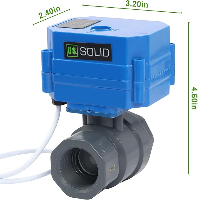 U.S. Solid 1"UPVC Motorized Ball Valve - Plastic Electrical Ball Valve with Full Port, 2 Wire Auto Return, 9-24V AC/DC, Normally Closed