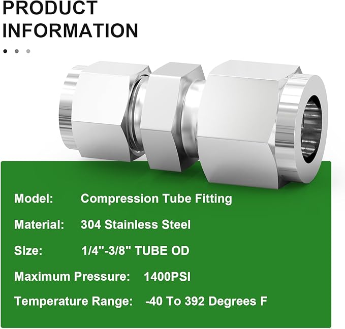 TAISHER 2PCS 304 Stainless Steel Compression Tube Pipe Fitting Connector, 3/8" Tube OD x 1/4" Tube OD Straight Adapter