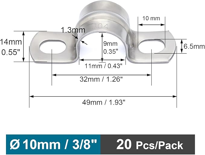 20 pcs 3/8" Conduit Clamps 304 SS Heavy Duty U-tube Clamp 2-holes Pipe Bracket, Universal Clamp for Cylindrical Components - Fits OD 10 mm (Approx. 3/8") | 20 pcs