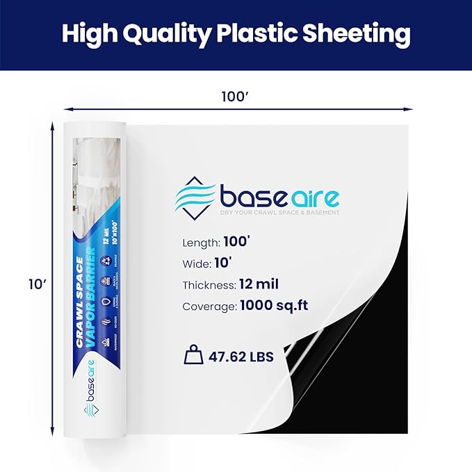 BaseAire Crawl Space Vapor Barrier, 12mil Film, 10'x100', Vapor Barrier Plastic for Basement, Crawlspace Encapsulation, Thick Plastic Sheeting, Black and White Panda Film