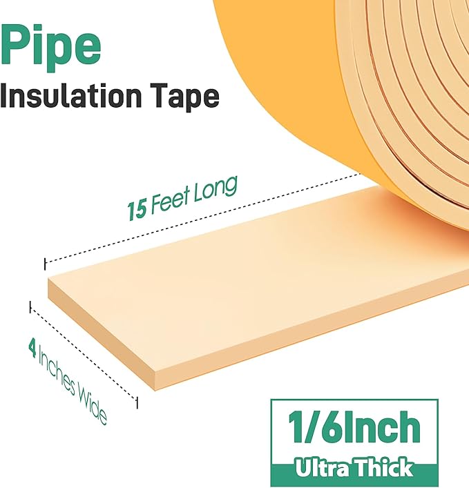 Pipe Insulation Tape, Foam Insulation Tape for Outdoor Pipes Winter Freeze Protection, Foam Pipe Insulation Wrap, Heat Tape for Water Pipes, Copper Pipes, PVC, AC Line, 4in x 15ft, Beige