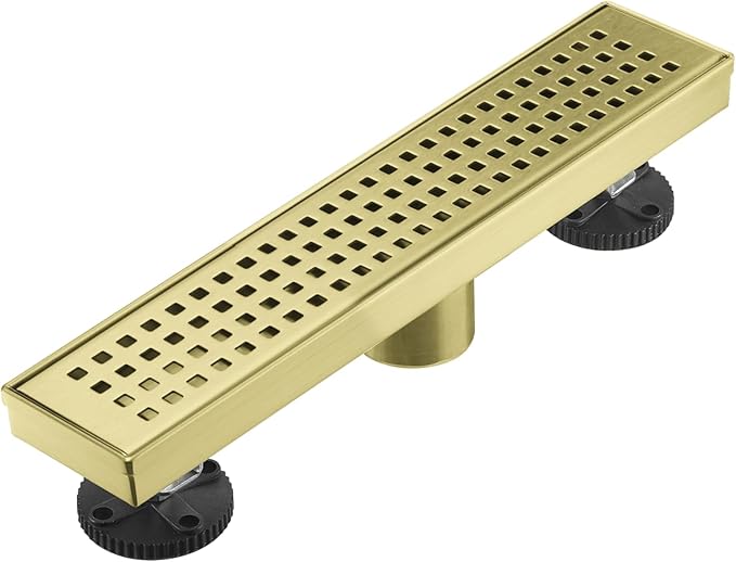 Linear Shower Floor Drain, Brushed Gold 12 Inch 304 Stainless Steel Bathroom Drains Kit, Long Rectangular Shower Trench Drain with Square Pattern Drain Cover & Hair Catcher