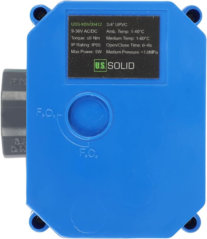 U.S. Solid 3/4" UPVC Motorized Ball Valve - Plastic Electrical Ball Valve with Standard Port, 2 Wire Auto Return, 9-24V AC/DC, Normally Closed