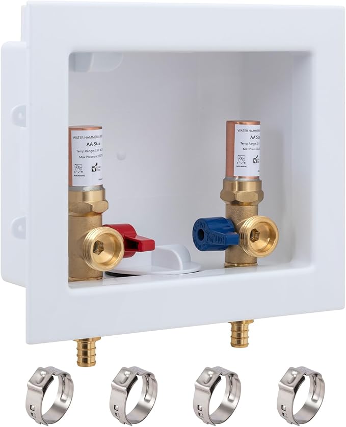 SUNGATOR Washing Machine Outlet Box with Brass Water Hammer Arrestor, Laundry Washer Water Valve Wall Box with Center Drain, 1/2 Inch Pex Crimp Inlet x 3/4 Inch MHT Outlet (4 Crimp Rings)