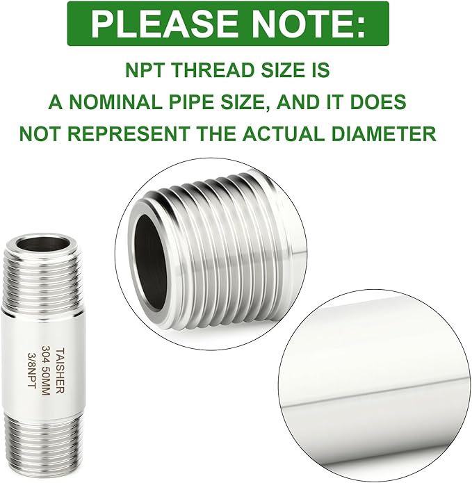 TAISHER 2PCS Stainless Steel Pipe Fittings, 3/8" NPT Male x 3/8" NPT Male Threaded, 2" Length Thickened Nipple Cast Pipe