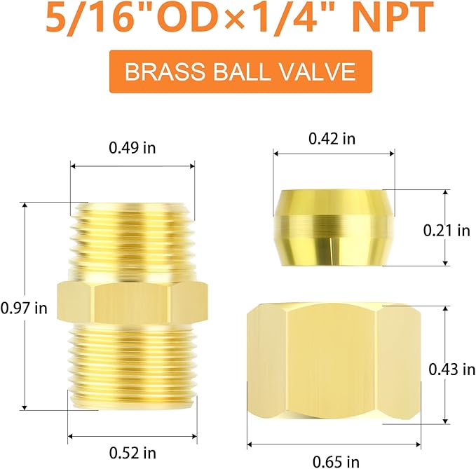 GASHER 10PCS Brass Compression Tube Pipe Fitting Connector, 5/16" Tube OD x 1/4" NPT Male Connector