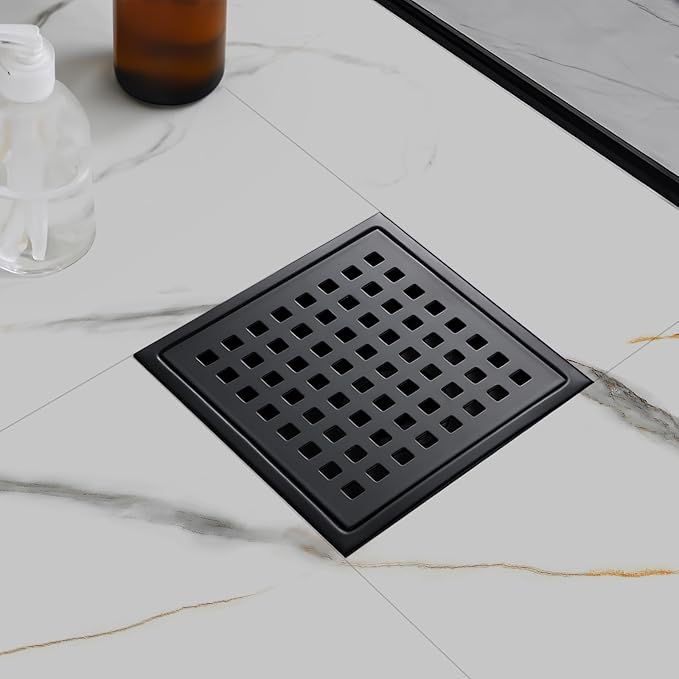 morefine Square Shower Drain with Flange, Shower Drain 6 inch with Removable Grate Cover, SUS 304 Stainless Steel, Matte Black
