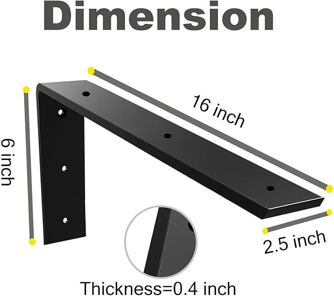 WINKER Countertop Support Bracket 6 Pack Heavy Duty 3/8" Thick Hidden L Shelf Bracket 16" x 6" x 2.5" Metal Corbels for Quartz/Granite/Wood/Concrete/Laminate Countertops, Black