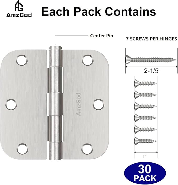 Door Hinges Brushed Nickel - 30 Pack Satin Nickel 3.5 Inch Rounded Interior and Exterior Door Hinges with 5/8" Radius - 3 1/2 Inch Silver Residential Standard Door Hardware