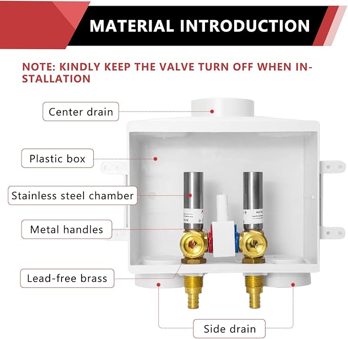 EFIELD Two Drain Washing Machine Outlet Box, 1/2-inch Barb Crimp Pex F1807, Single Control Valve, Stainless Steel Water Hammer Arrestor,(WM017)