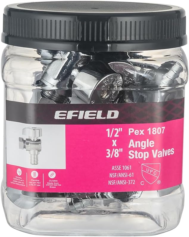 Pro 10-Pack EFIELD 1/4 Turn 1/2 in. Crimp PEX Barb Crimp Inlet x 3/8 in. Compression Outlet Angle Valve, Chrome Plated Brass, Heavy Duty,(VALVE374)