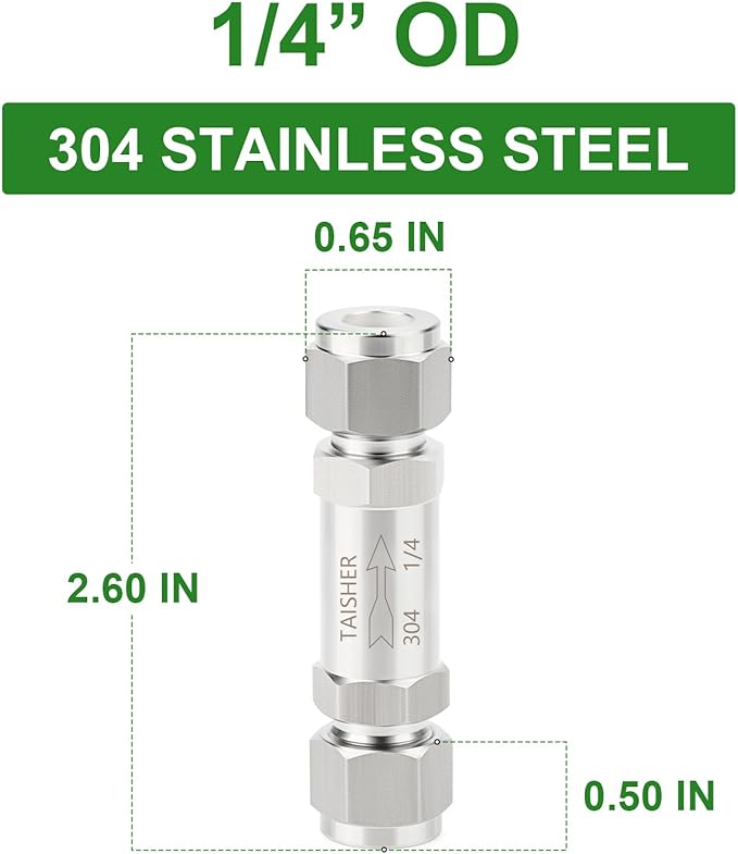 TAISHER 1PCS 304 Stainless Steel 1/4" Tube OD Check Valve(Ferrule Silver Plated),Backflow Prevention,One Way Non-Return Check Valves