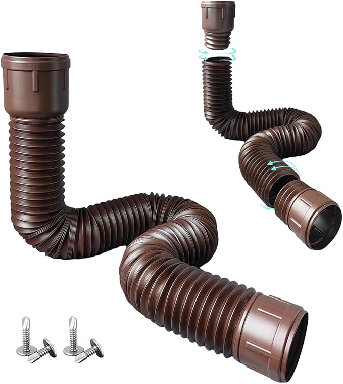 Roof Downspout Extension Pipe, Adjustable & Expandable Gutter Drain Pipe, PVC Anti-Clogging Rainwater Extension Hose for Roof Drainage（ROUND/brown)