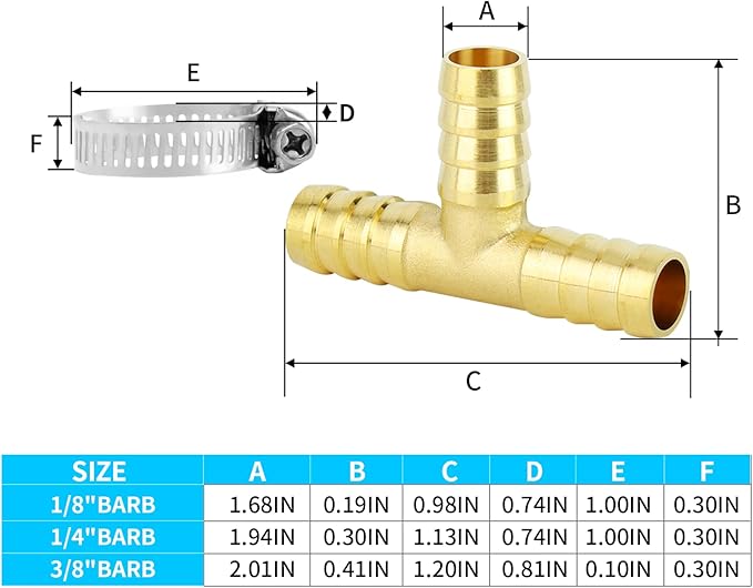 ChillWaves Brass Hose Barb Fittings, Tee 3 way Union Intersection/Splitter Fitting 5/8" Barb x 5/8" Barb x 5/8" Barb with Hose Clamp For Water/Fuel/Air(3-PACK)