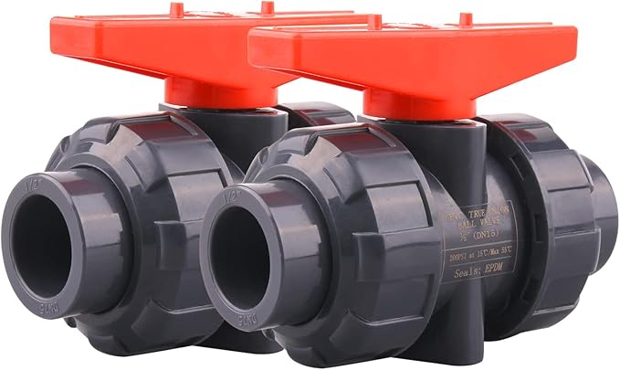 DERNORD 2 Pack PVC True Union Ball Valve with Full Port, EPDM O-Rings, and Reversible PTFE Seats,Rated at 200 PSI (1/2 inch Socket)