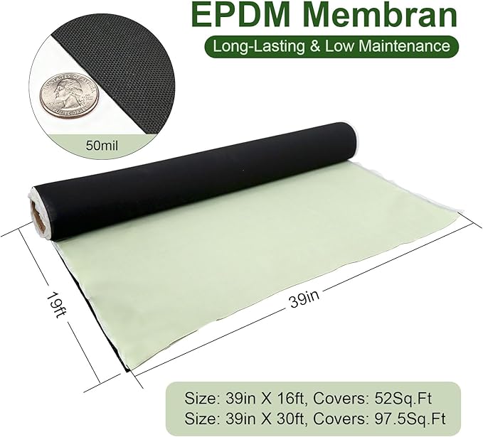 50mil EPDM Waterproofing Membrane, 39" x 16ft Self-Adhesive Rubber Roofing Membrane, Waterproof Leak Barrier for Roof, RV, Terrace, Garage