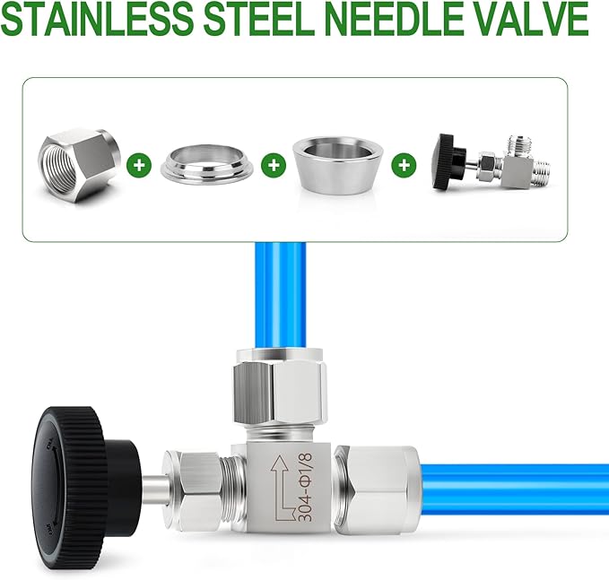 TAISHER 1PCS 304 Stainless Steel Compression Tube Square 90 Degree Needle Valve 1/8"" Tube OD x 1/8"" Tube OD For Flow Control Water Gas Oil, Silver
