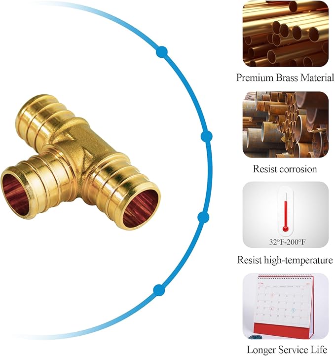 WiseWater 8 Pcs PEX Fittings 1 Inch, 1 inch Tee Brass Fittings, Barb Crimp PEX Pipe Fitting for PEX Pipe Plumbing Projects (Pack of 8)