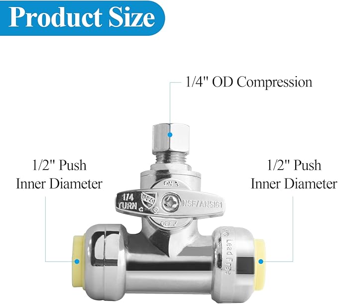 WiseWater 1/2" Push Fit Tee Stop Valve for Refrigerator Ice Maker & Water Filter, 1/2" x 1/2" x 1/4" Double Top Valve, Heavy-Duty Chrome Plated Brass Shut Off Valve, NSF Certified (2 Pack)