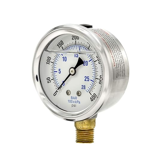 PIC Gauges PRO-201L-254I Bottom Mount Glycerin Filled Dual Scale Pressure Gauge w/ SS Case/Bezel, Brass Internals, Plastic Lens, 2.5" Dial, 0-400 psi Range, 1/4" Male NPT