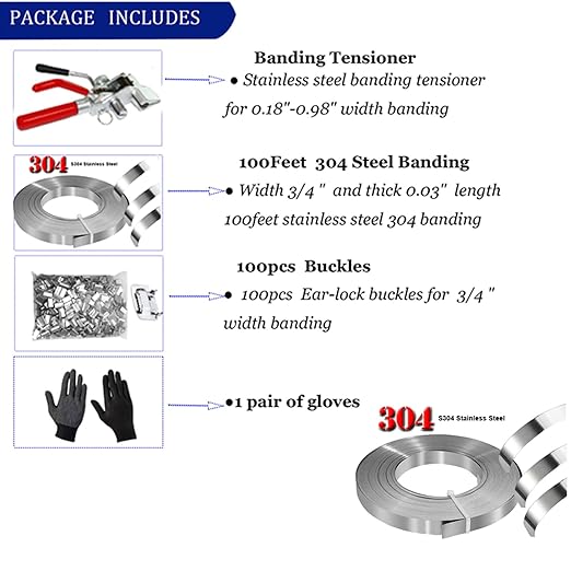 Metal Banding Strapping Kit with Band Ratchet Tensioner,Steel Pallet Packaging Tool with 100 pcs Steel Buckle 3/4" x 100 Feet Banding Coil Heavy Duty Belt Sealer