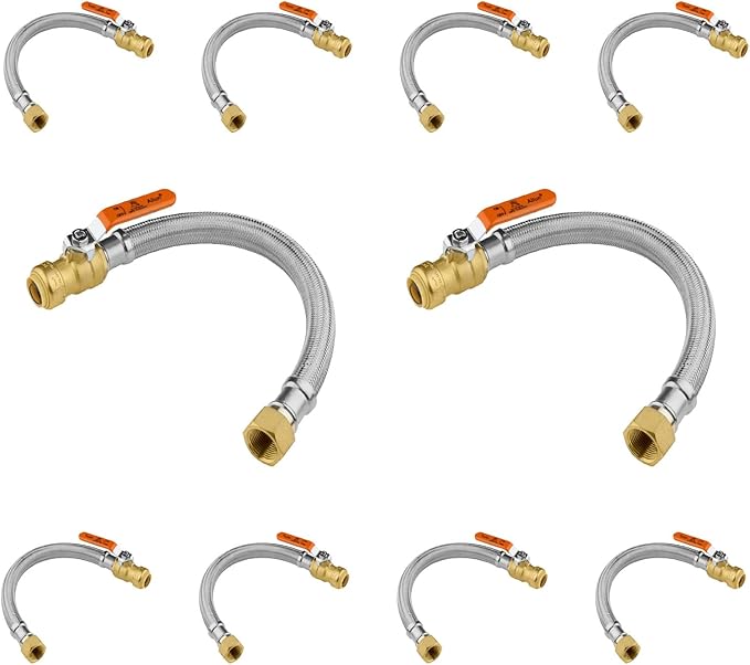 (10 Pack) Seelink 15-Inch Stainless Steel Flexible Heater Hose, 3/4 Inch Push-fit Ball Valve x 3/4 Inch FIP, Push-to-Connect for Copper, PEX, and CPVC