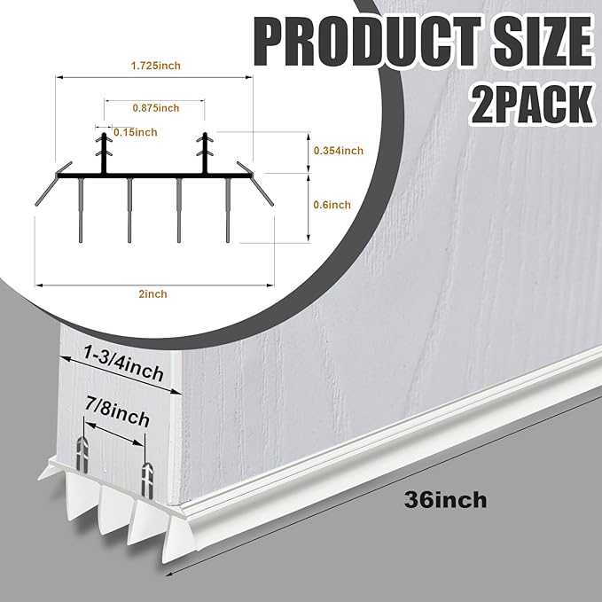 Replacement Door Bottom with Vinyl Fins 36" Long 1 3/4" Wide Threshold Seal Bottom of Door Weatherstrip Kerf Weather Stripping for 7/8" Between Barbs(2 Pcs,White)