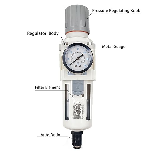 XingNEeng 1/2" NPT Compressed Air Filter Regulator Lubricator Combo, Auto-Drain Water/Oil Trap Separator, Gauge(0-150 psi), Poly Bowl, Metal Bracket, 5 Micron Brass Element, for Pneumatic Systems