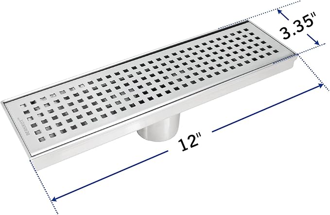 Linear Shower Drain 12", 304 Stainless Steel Floor Drain with Grid Drain Cover & Hair Strainer, Rectangular Shower Drain w/CUPC Certified, Brushed