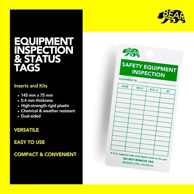 BearLOTO Safety Equipment Inspection Notice - Hazard & Accident Prevention Tag - Multiple Application - Machinery Fire Extinguisher Scaffold Ladder Equipment Factory - GreenWhite - Pack of 20