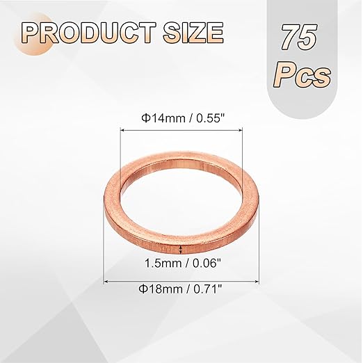 uxcell 75Pcs M14 Flat Washer Copper Washer Sealing Rings, 14mm ID 18mm OD 1.5mm Thickness Copper Crush Washers Metric Sealing Gasket for Plumbing Machinery Automotive