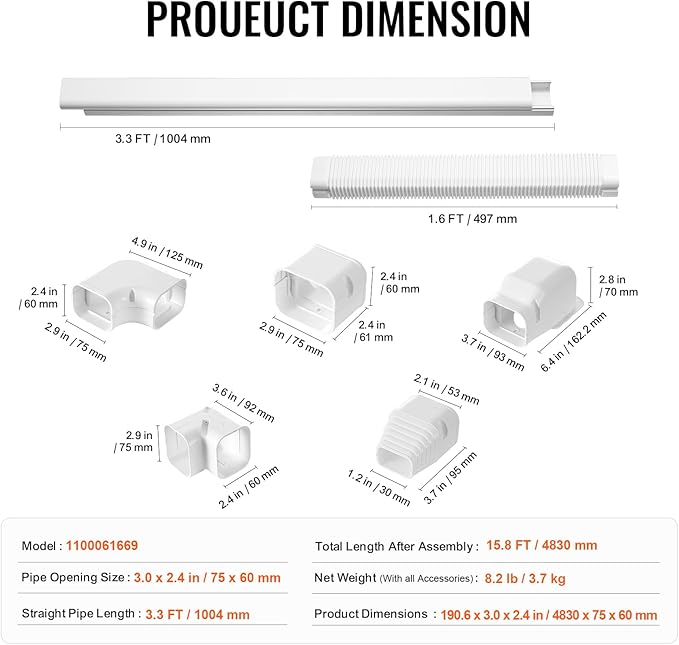 VEVOR Mini Split Line Set Cover 3-inch W 15.8Ft L, PVC Decorative Pipe Line Cover for Air Conditioner with 4 Straight Ducts & Full Components Easy to Install, Paintable for Heat Pumps, White