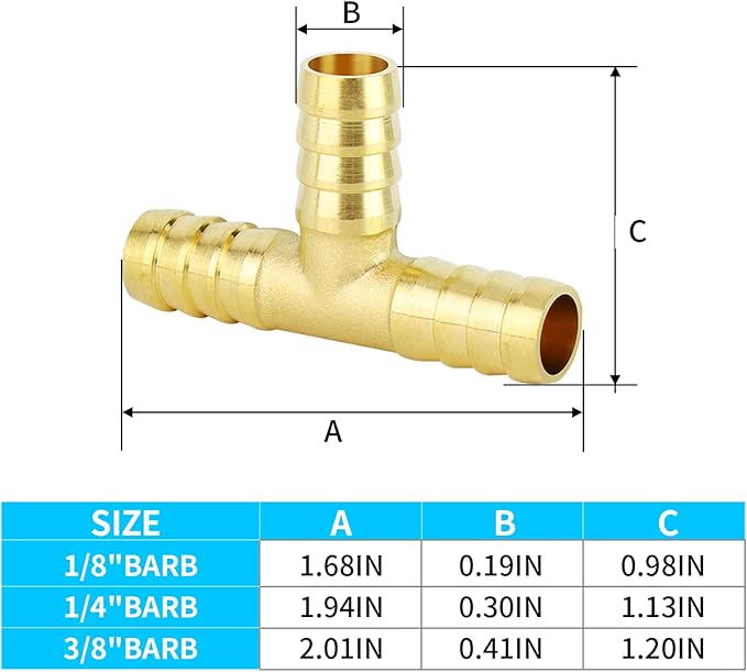 ChillWaves Brass Hose Barb Fittings, Tee 3 way Union Intersection/Splitter Fitting 1/4" Barb x 1/4" Barb x 1/4" Barb For Water/Fuel/Air(6-PACK)