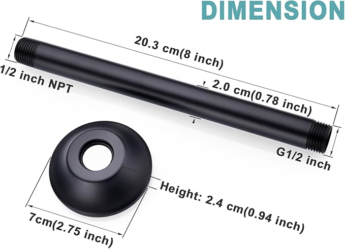 BESTILL 8 Inch Ceiling Mount Rain Shower Head Arm and Flange, Matte Black