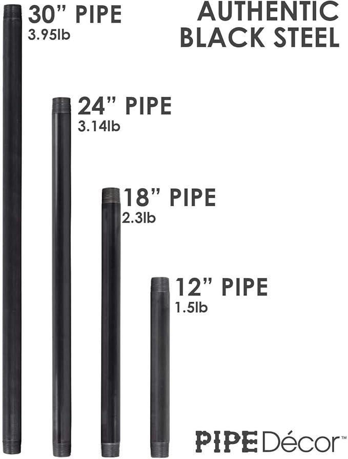 PIPE DECOR 1" x 18" Black Steel Plumbing Pipe, 4-Pack, Pre Cut Connector, Industrial Steel Grey Fits Standard One Inch Threaded Black Malleable Iron Fittings, Build Vintage DIY Furniture