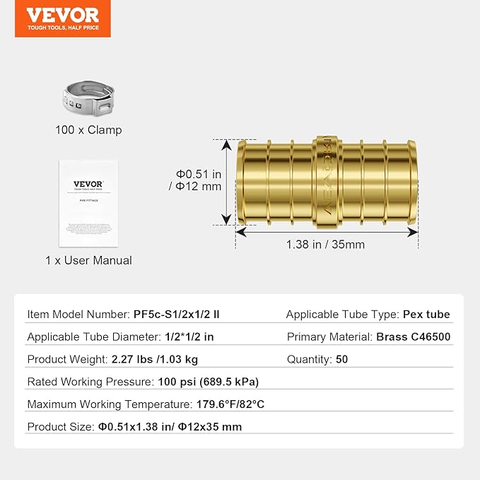 VEVOR Pipe Fittings, 1/2" 50PCS Brass Pipe Fittings, Clamp-style Straight-Through Pipe Connector Brass Air Fittings, Heavy Duty Plumbing Fittings Tube Adapter for Heating/Shower Systems,Water Pipes