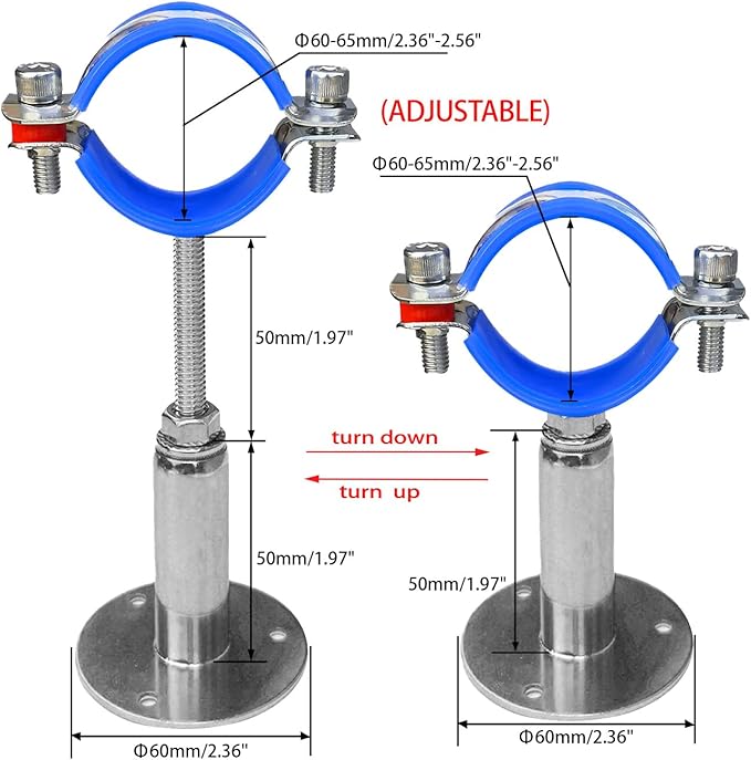Wall Mount Ceiling Mount Pipe Supports,Adjustable Pipe Clamps 、Hangers、Stainless Steel 304,2PCS Suitable for Pipe OD 60-65mm Adjustable Height 50-100mm