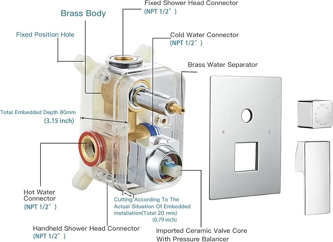 BWE 12 Inch Chrome Shower System Faucet Waterfall Tub Complete with Chrome Spout Set Square Luxury Rain Mixer Pressure Balancing 3-Function Wall Mount Rainfall Rough-in Valve Body and Trim Included